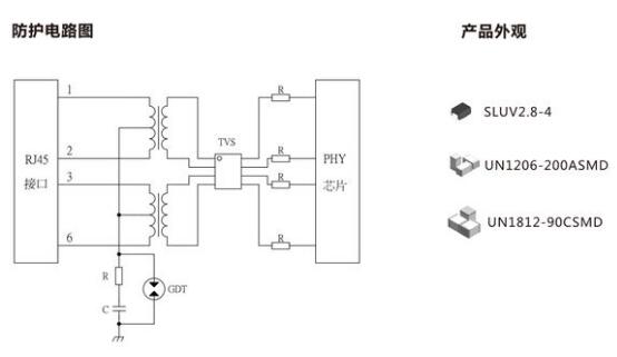 百兆以太網(wǎng)防護方案一防護電路圖